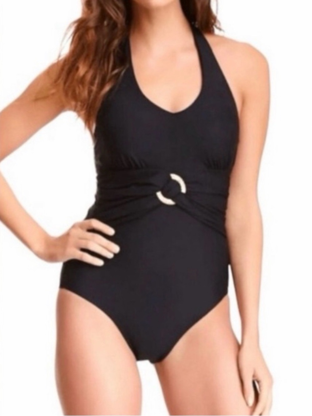 SPANX Black Halter One-Piece Swimsuit‎ with Decorative Front Ring sexy classy